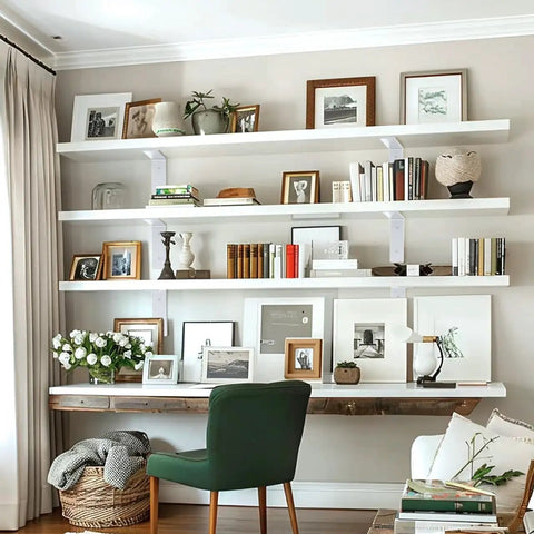 Rock Solid White Floating Shelf Brackets 6 Pack Heavy Duty Steel Wall Mounts 12 Inch Base supports shelves in stylish room decor.