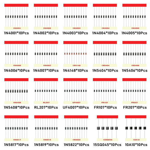 Diode Assortment Kit For Electronics Hobbyists And Makers Featuring labeled diodes 1N4001 to 10A10 in packaging