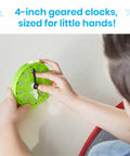 Child using Awesome Set Of Six Rainbow Geared Mini Learning Clocks For Kids To Practice Telling Time Hands On These Analog Teaching Toys