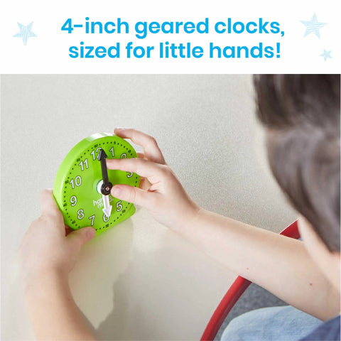 Child using Awesome Set Of Six Rainbow Geared Mini Learning Clocks For Kids To Practice Telling Time Hands On These Analog Teaching Toys