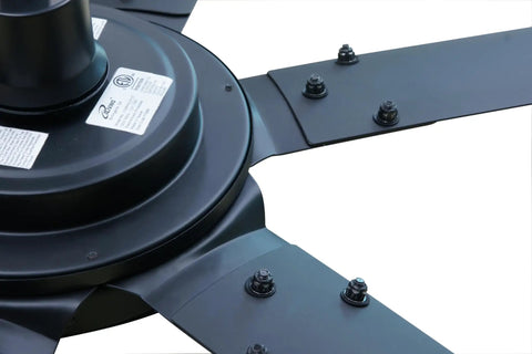 Close-up view of Heavy Duty 102 Inch Big Ceiling Fan with six blades, brushless DC motor and durable aluminum construction.