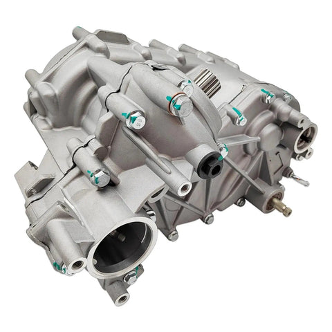 Heavy Duty Atv Gearbox Transmission Housing Assembly For Outlander 1000 in silver, showcasing bolts and ports for installation.