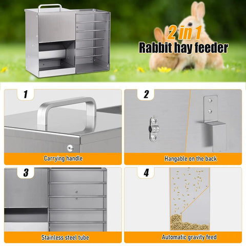 2 in 1 Rabbit hay feeder features a stainless steel design with a carrying handle and automatic gravity feed.