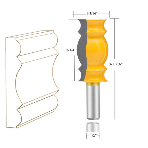 Diagram of One Half Inch Shank Crown Molding Router Bit with dimensions for edge forming and corner rounding on woodwork.