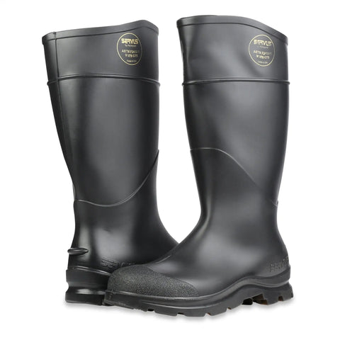 Mens Heavy Duty 14 Inch Steel Toe Work Boots Black Size 10 Seamless Waterproof Pvc with durable flexible comfort shaft.