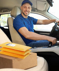 Delivery driver with Yellow Kraft Bubble Mailers 25 Pack Self Sealing Padded Envelopes 10.5 By 16 Inch Outer Size in car seat