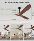60 Inch No Light Wood Ceiling Fan for Indoor Outdoor Patios and Sloped Ceilings, Silent DC Motor, Walnut Finish, room display