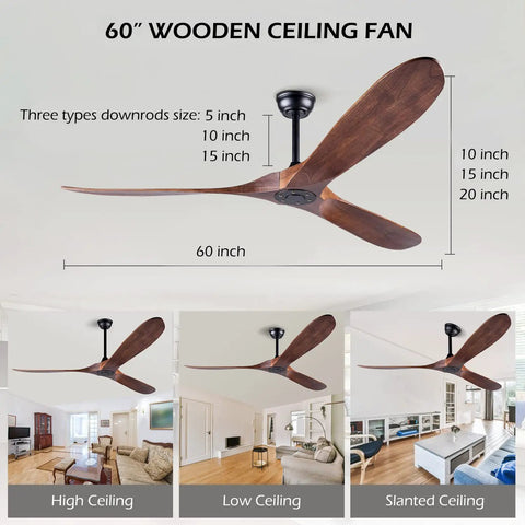 60 Inch No Light Wood Ceiling Fan for Indoor Outdoor Patios and Sloped Ceilings, Silent DC Motor, Walnut Finish, room display
