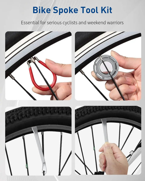 Your Go To Bike Spoke Tool Kit With 2 Tire Levers, Universal 6 Size Spoke Wrenches For 10G To 15G in use on bicycle wheel