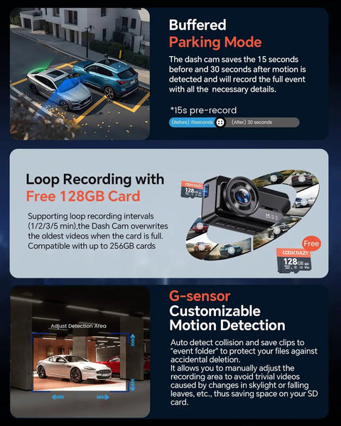 Buffered parking mode and loop recording features of Crisp 4K Dual Dash Cam With Front And Rear Cameras, Starvis Sensor, 128GB Card Included.