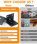 Rock Solid Built Tough Heavy Duty Black Stainless Steel L Brackets 4 Pack comparison image highlighting strength and rustproof features.