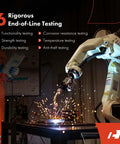 Robot arm conducting end-of-line testing, showcasing functionality, strength, durability, corrosion resistance, temperature, and anti-theft tests.