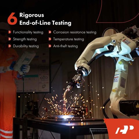 Robot arm conducting end-of-line testing, showcasing functionality, strength, durability, corrosion resistance, temperature, and anti-theft tests.