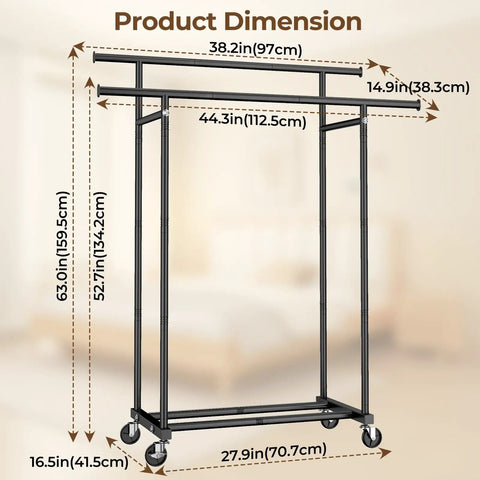 Straight Up Solid Double Rod Clothes Rack That Rolls Buttery Smooth Hang Tops Bottoms Bags Easily Metal Wardrobe Stand Total Game Changer For Bedroom Storage Or Closet Organizers Black