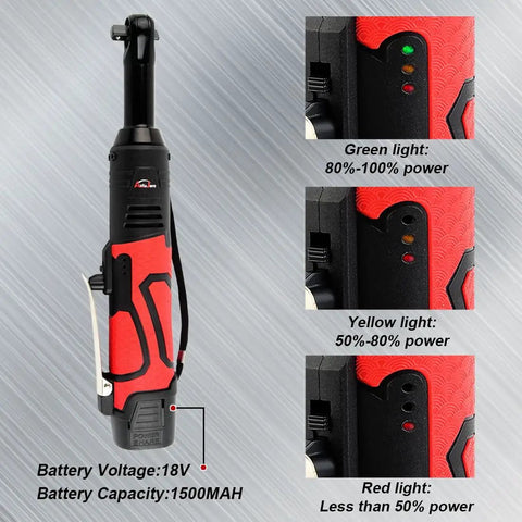 Extended 18V Cordless Ratchet Wrench Kit With Three Eighths Inch Drive, 450 RPM, Sixty Foot Pounds Torque, battery indicator lights