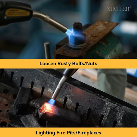 Heavy Duty Propane Torch With 3.6 Foot Hose Pro Grade Trigger Start Adjustable Swirl Flame And Brass CGA600 Connection For Welding Soldering Lighting HVAC DIYer Projects Hook Included being used to loosen rusty bolts and light fire pits.