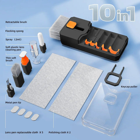 All In One Keyboard Cleaner And Laptop Cleaning Kit With Screen Safe Tools, 10-in-1 set showing brushes, cloths, keycap puller