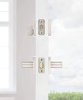 Halifax Keyed Entry Lever And Single Cylinder Deadbolt Combo With SmartKey Security in satin nickel on door edge view