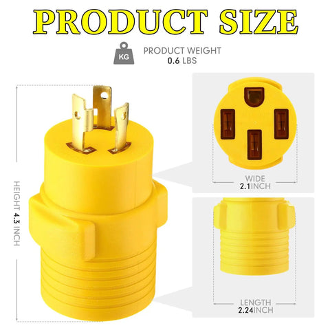 Heavy Duty Nema L6-30P To 14-50R EV Charging Adapter with dimensions 4.3" height, 2.1" width, 2.24" length for camping use.