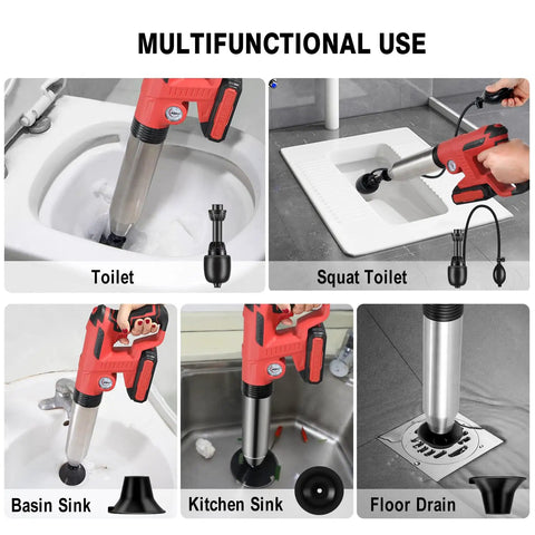 Electric Toilet Plunger With 2 Batteries High Pressure Air Plunger For Toilet Drain And Sewer demonstrated in various uses including toilets and sinks