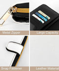 Leather RFID Wallet Clutch For Women With Built In Mirror And Zippered Coin Pocket Long Purse details, zipper, card slots