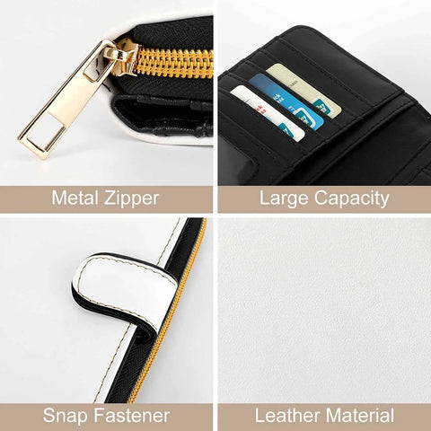 Leather RFID Wallet Clutch For Women With Built In Mirror And Zippered Coin Pocket Long Purse details, zipper, card slots