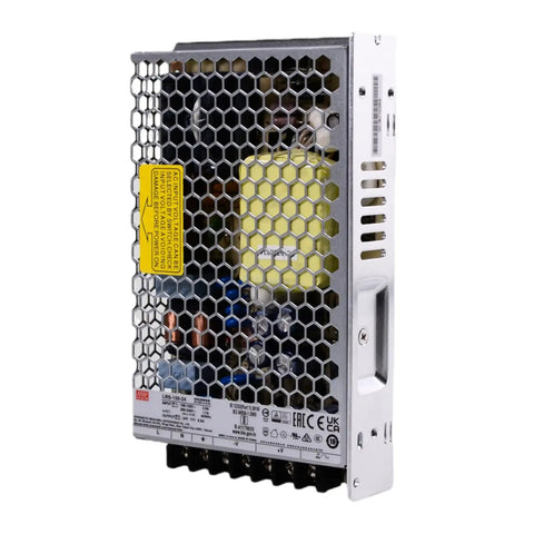 Heavy Duty 24V 150W Switching Power Supply Pushing A Solid 6.5 Amps Low Profile Chassis with metal casing and visible wiring.