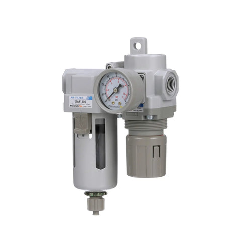 Compressed Air Filter Regulator Combo with 3/8 Inch NPT, poly bowl with guard, manual drain, gauge, and mounting bracket