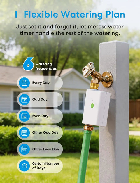 Smart WiFi Hose Timer For Garden Irrigation With Brass Inlet And Outlet mounted on outdoor faucet, watering schedule shown