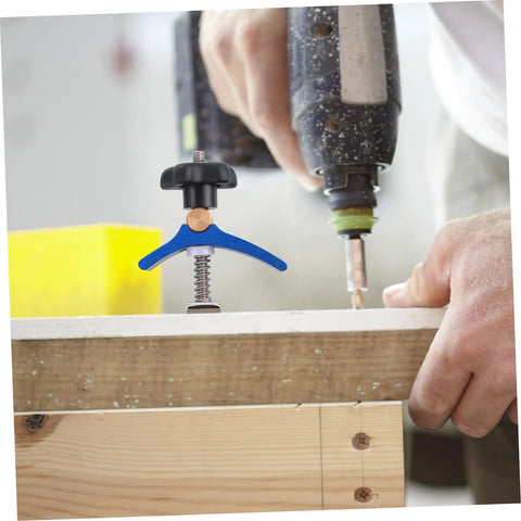Heavy Duty Track Hold Down Clamp For Woodworking And Carpentry, T Track Clip securing a wooden board during drilling