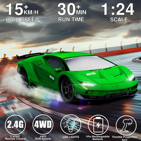 Green 1:24 scale RC drift car 4WD with LED lights on track, showcasing speed and control. One Twenty Four Scale RC Drift Car 4WD With LED Lights For Night Time Drifts And High Speed 15KMH Remote Control Toy For Kids Boys Girls Adults Gifts Birthday Christmas.