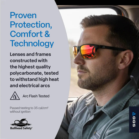 Man wearing Polarized Safety Glasses With Performance Fog Technology, ANSI Z87 Plus, Anti Scratch Red Mirror Lenses, showing side view.