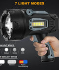 Rechargeable Handheld Spotlight 2,000,000 Lumen Led Flashlight With Cob Light, 10000mAh Battery showing 7 light modes