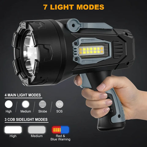 Rechargeable Handheld Spotlight 2,000,000 Lumen Led Flashlight With Cob Light, 10000mAh Battery showing 7 light modes