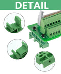 Detail view of 10 Pack DIN Rail Mount PCB Holder Clips for 35mm and 15mm C45 Rails, green PA66 material, with close-up of bracket attachment.