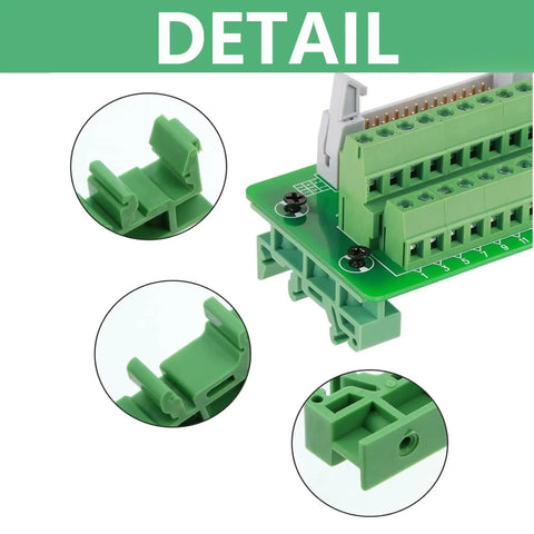 Detail view of 10 Pack DIN Rail Mount PCB Holder Clips for 35mm and 15mm C45 Rails, green PA66 material, with close-up of bracket attachment.