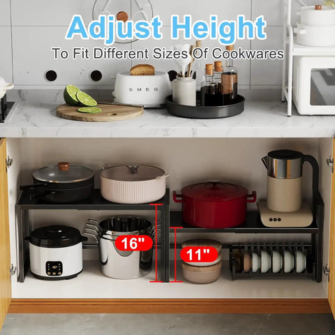 Expandable Metal Storage Shelves With 110 Lbs Capacity Heavy Duty Adjustable Rack for pots and pans in a kitchen cabinet
