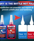 Blue and red high-strength thread locker bottles showing liquid volume and bottle capacity with instructions on anaerobic curing.