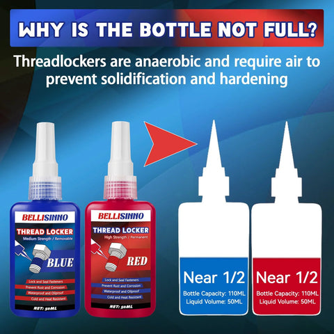 Blue and red high-strength thread locker bottles showing liquid volume and bottle capacity with instructions on anaerobic curing.