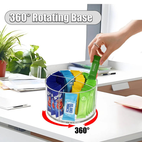 Smooth Spinning Four Section Drink Packet Organizer with BPA Free Clear Plastic Material for Quick Coffee Sugar access.