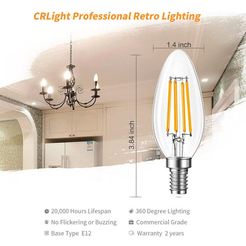 Dimmable E12 LED Candelabra Bulbs 4W 40W Equivalent in antique chandelier, soft white light demonstration.