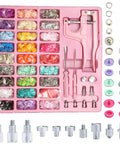 All-In-One Snap Button Set With Pliers Kit For DIY Sewing And Crafting, 300 Plastic And Metal Snaps, Includes 25 Plastic Colors And 5 Metal Colors, Screwdriver And Bases, Great For Scrapbooking, showing colorful snaps and tools in a pink case.