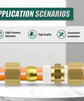 Brass compression tube fittings, 3-piece set on orange tube, 5/8 in tube OD.