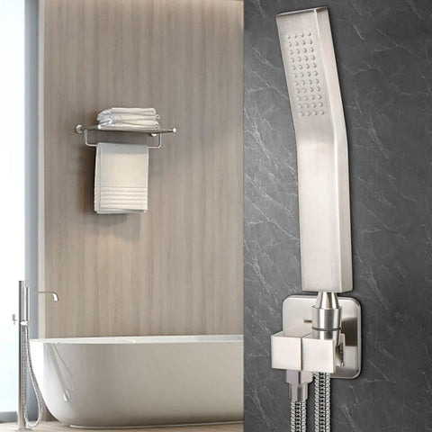 Top Shelf Handheld Shower Head Rig With High Pressure Spray And Flex Hose Kit, Solid 304 Stainless Steel Body, Slick Brushed Nickel Finish, Heavy Duty Wall Mount Bracket For No Fuss Bathroom Upgrades