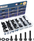 Beefy 180 Piece M6 Flange Bolt Kit With Washers And Nuts, M6x1.0 Pitch, Mixed Lengths From 12 To 40 Mm, Black Zinc Galvanized