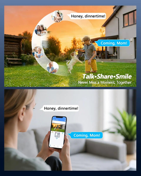 Mother using smartphone app for remote video chat with child playing outdoors, demonstrating remote access feature.