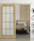 Six Foot Sliding Barn Door Hardware Kit With Stainless Steel Track For A Single Door Ultra Smooth And Quiet Operation Fits 36 Inch Panels Y Shape Hangers Supports Up To 220 Lbs Includes Track Hangers Rollers Connector, featuring wood door and steel track in bedroom