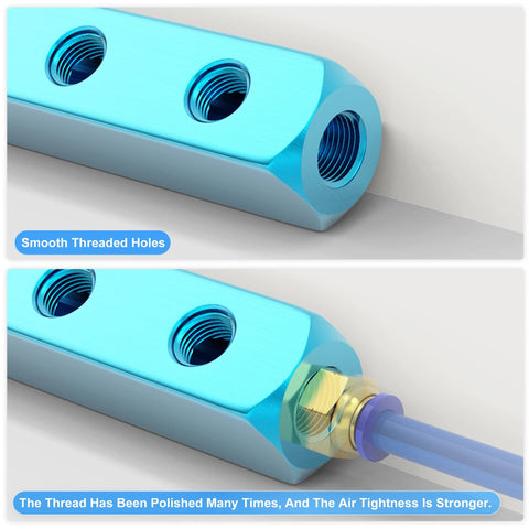 Close-up of blue five way eight port pneumatic manifold block aluminum air distribution block for compressed air systems one quarter inch