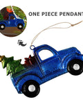 Blue Vintage Iron Christmas Truck Ornament For Christmas Tree, Rustic Farmhouse Style Hangable Pendant Decor, with festive tree