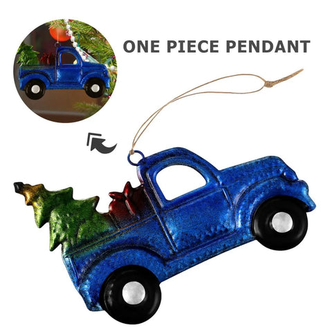 Blue Vintage Iron Christmas Truck Ornament For Christmas Tree, Rustic Farmhouse Style Hangable Pendant Decor, with festive tree